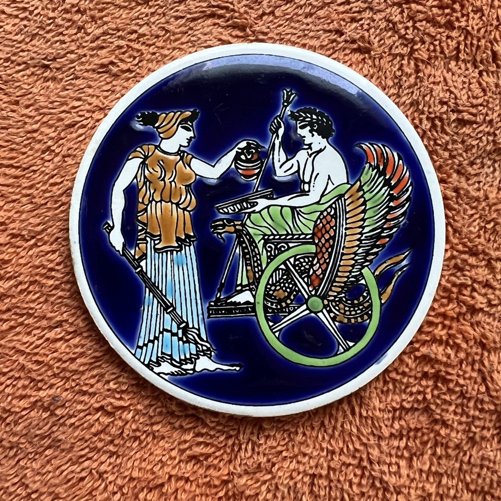 Handmade Greek Ceramic Coaster Plaque  Mythology Figures Art Smaltotechniki  TR5